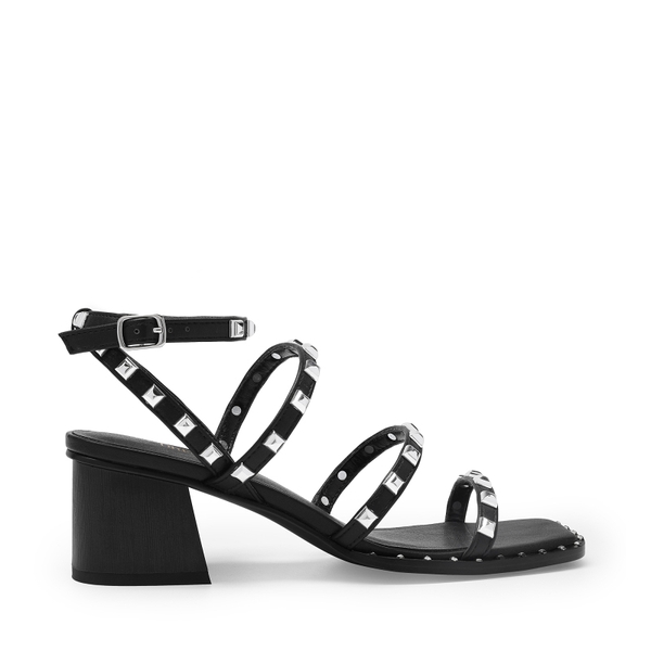 Clear Rhinestone Strappy Chunky Heels - BLACK PU RIVET - 2